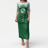 Personalised Cook Islands Rarotonga Puletasi Map With Kuki Airani Manta Ray Tattoo LT14 Long Dress Green - Polynesian Pride