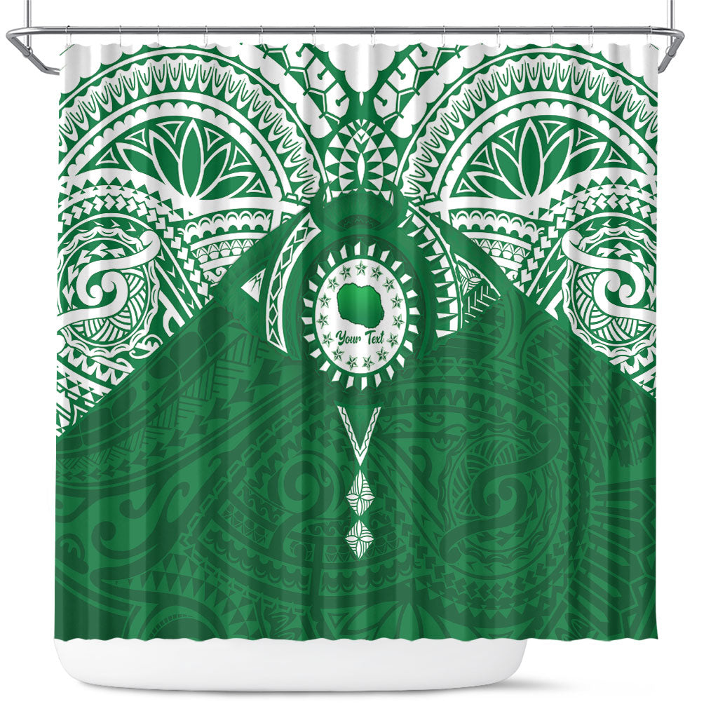 Personalised Cook Islands Rarotonga Shower Curtain Map With Kuki Airani Manta Ray Tattoo LT14 Green - Polynesian Pride