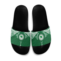 Personalised Cook Islands Rarotonga Slide Sandals Map With Kuki Airani Manta Ray Tattoo LT14 Green - Polynesian Pride
