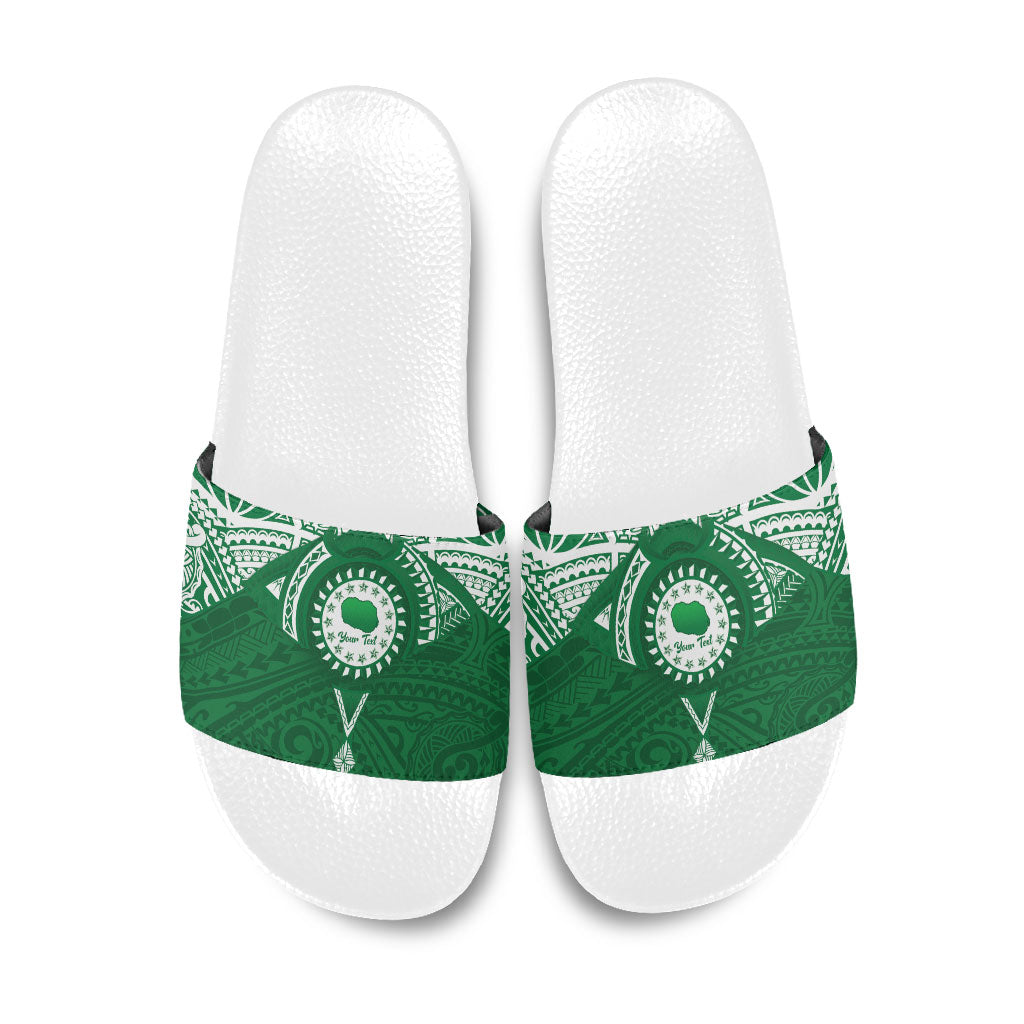 Personalised Cook Islands Rarotonga Slide Sandals Map With Kuki Airani Manta Ray Tattoo LT14 Green - Polynesian Pride