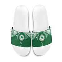 Personalised Cook Islands Rarotonga Slide Sandals Map With Kuki Airani Manta Ray Tattoo LT14 Green - Polynesian Pride