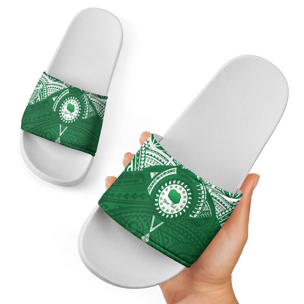 Personalised Cook Islands Rarotonga Slide Sandals Map With Kuki Airani Manta Ray Tattoo LT14 - Polynesian Pride