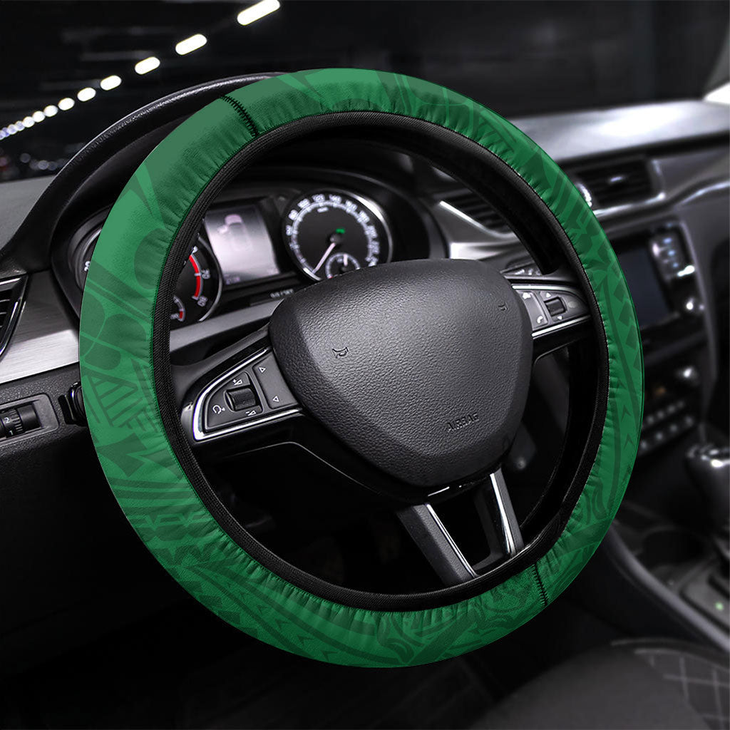 Cook Islands Rarotonga Steering Wheel Cover Map With Kuki Airani Manta Ray Tattoo LT14 Universal Fit Green - Polynesian Pride