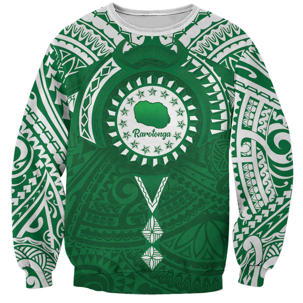 Personalised Cook Islands Rarotonga Sweatshirt Map With Kuki Airani Manta Ray Tattoo LT14 Unisex Green - Polynesian Pride