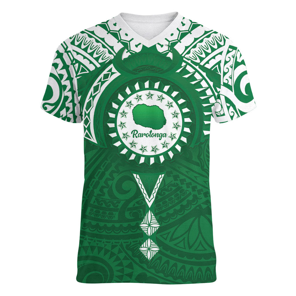 Personalised Cook Islands Rarotonga Women V-Neck T-Shirt Map With Kuki Airani Manta Ray Tattoo LT14 Female Green - Polynesian Pride