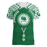 Personalised Cook Islands Rarotonga Women V-Neck T-Shirt Map With Kuki Airani Manta Ray Tattoo LT14 Female Green - Polynesian Pride