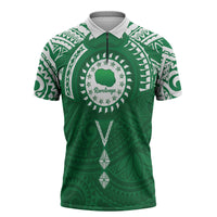 Personalised Cook Islands Rarotonga Zipper Polo Shirt Map With Kuki Airani Manta Ray Tattoo LT14 Green - Polynesian Pride