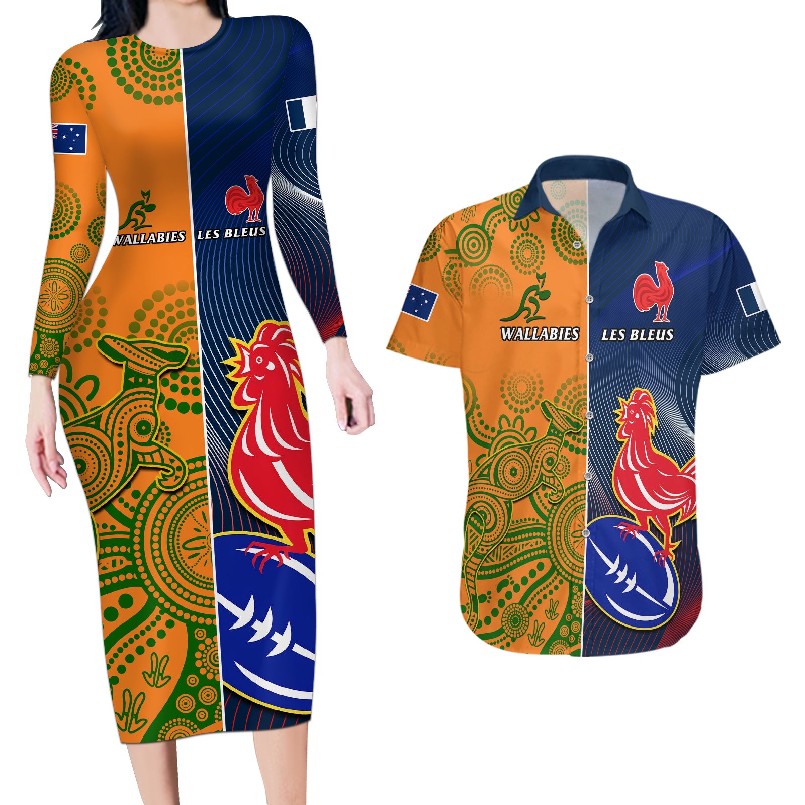 France And Australia Rugby Couples Matching Long Sleeve Bodycon Dress and Hawaiian Shirt 2023 World Cup Le Bleus Wallabies Together LT14 Gold - Polynesian Pride