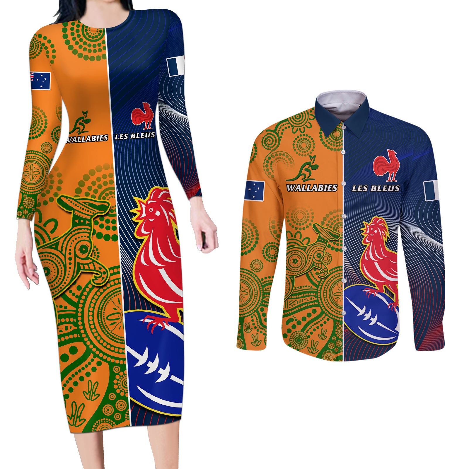 France And Australia Rugby Couples Matching Long Sleeve Bodycon Dress and Long Sleeve Button Shirts 2023 World Cup Le Bleus Wallabies Together LT14 Gold - Polynesian Pride