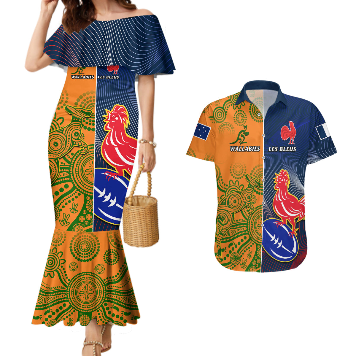 France And Australia Rugby Couples Matching Mermaid Dress and Hawaiian Shirt 2023 World Cup Le Bleus Wallabies Together LT14 Gold - Polynesian Pride