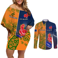 France And Australia Rugby Couples Matching Off Shoulder Short Dress and Long Sleeve Button Shirts 2023 World Cup Le Bleus Wallabies Together LT14 Gold - Polynesian Pride