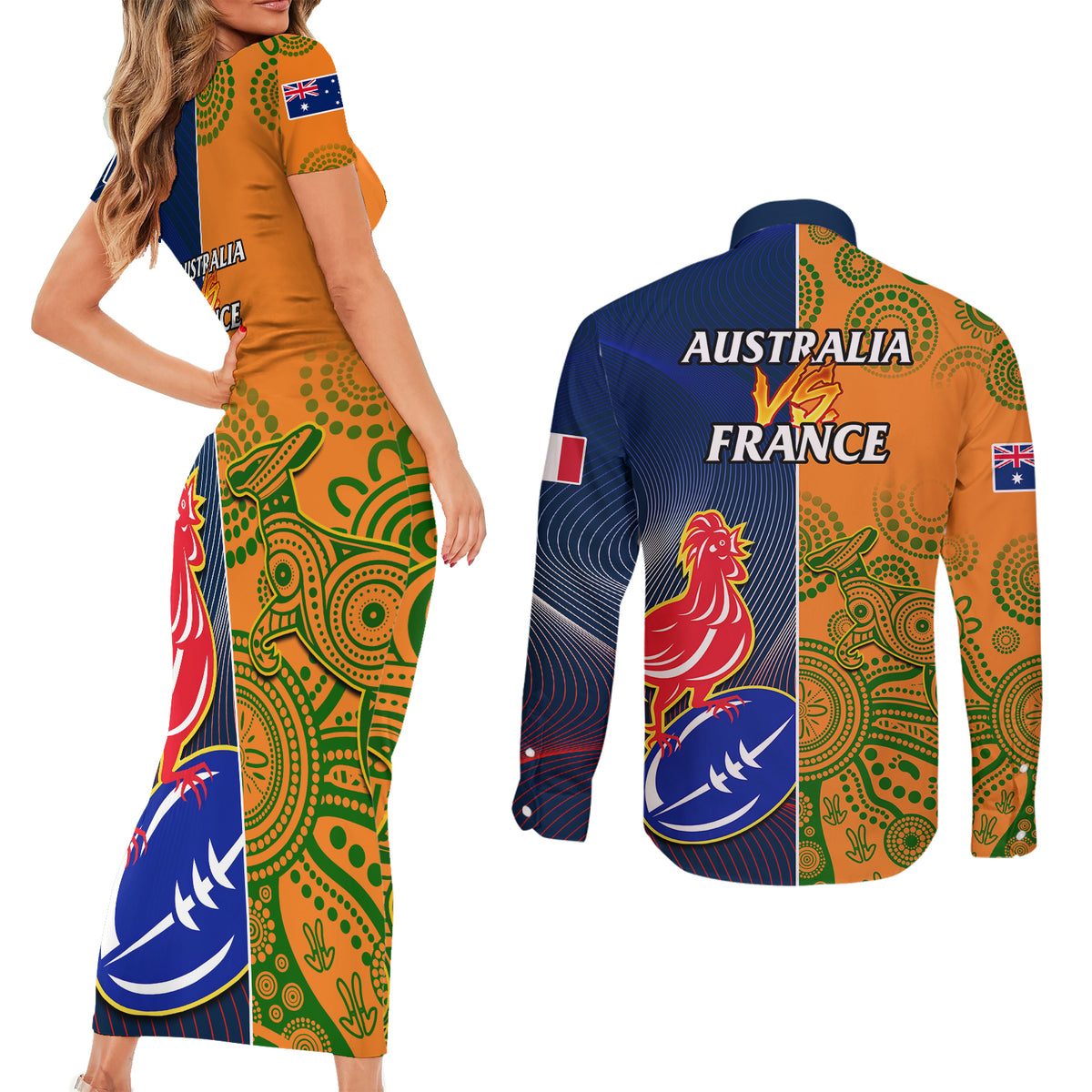 France And Australia Rugby Couples Matching Short Sleeve Bodycon Dress and Long Sleeve Button Shirts 2023 World Cup Le Bleus Wallabies Together LT14 - Polynesian Pride