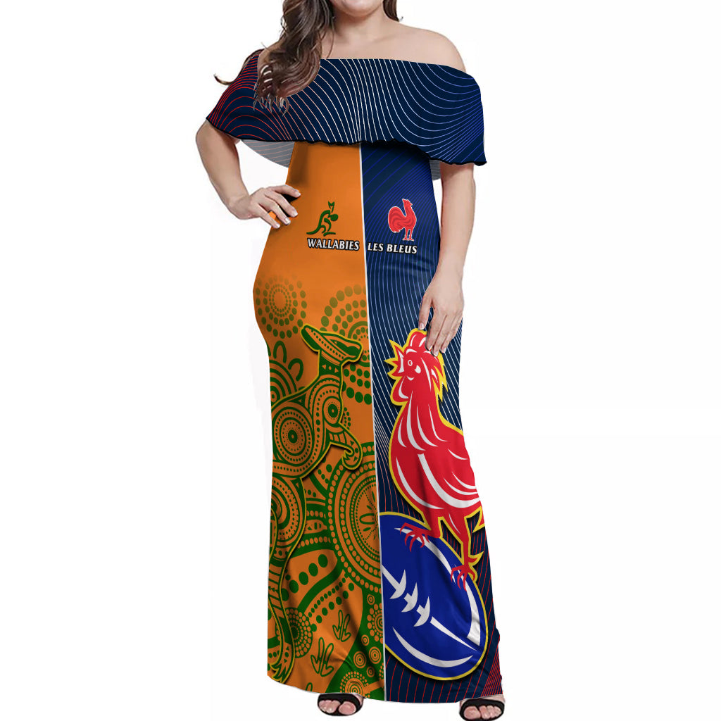 France And Australia Rugby Off Shoulder Maxi Dress 2023 World Cup Le Bleus Wallabies Together LT14 Women Gold - Polynesian Pride