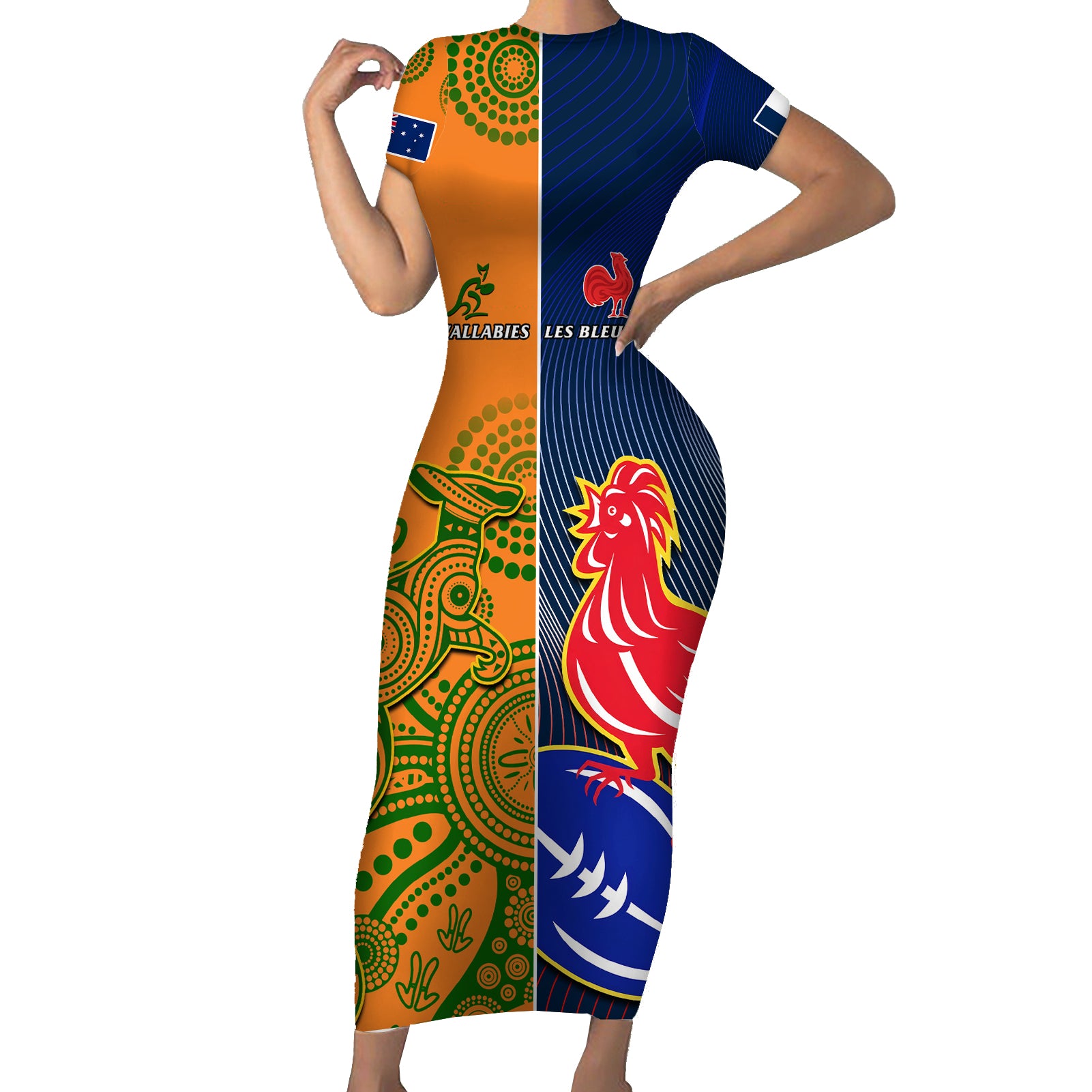 France And Australia Rugby Short Sleeve Bodycon Dress 2023 World Cup Le Bleus Wallabies Together LT14 Long Dress Gold - Polynesian Pride