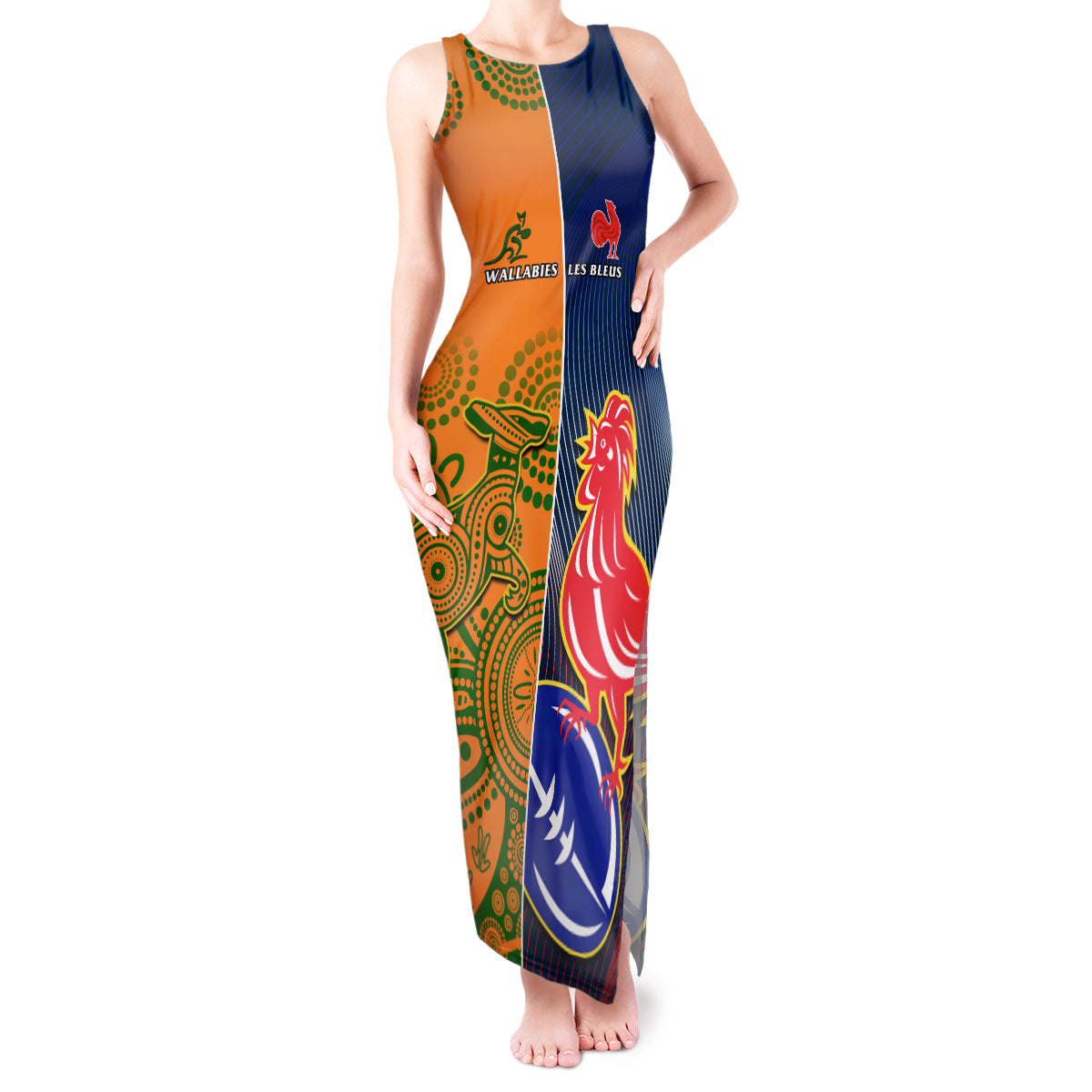 France And Australia Rugby Tank Maxi Dress 2023 World Cup Le Bleus Wallabies Together LT14 Women Gold - Polynesian Pride