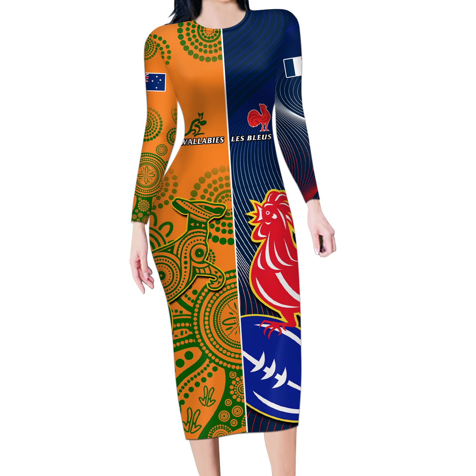 Custom France And Australia Rugby Long Sleeve Bodycon Dress 2023 World Cup Le Bleus Wallabies Together LT14 Long Dress Gold - Polynesian Pride