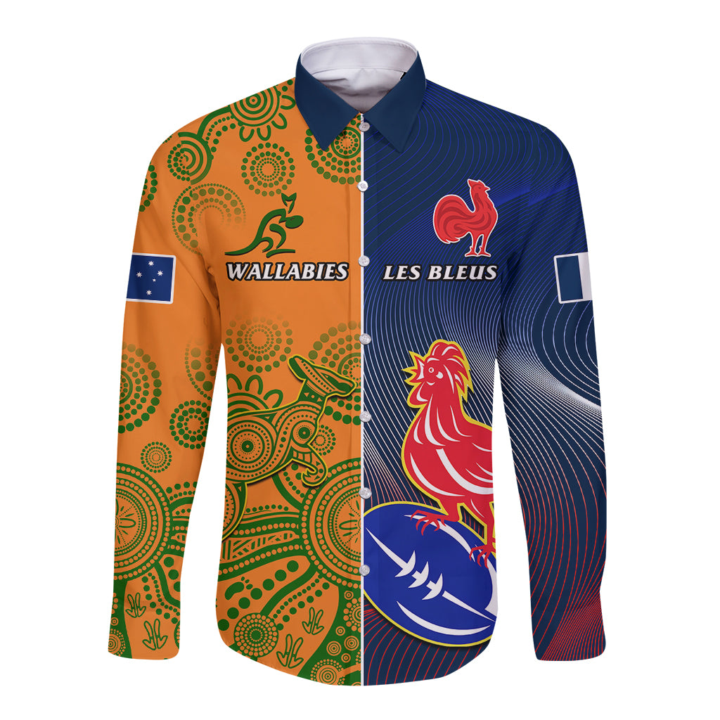 Custom France And Australia Rugby Long Sleeve Button Shirt 2023 World Cup Le Bleus Wallabies Together LT14 Unisex Gold - Polynesian Pride