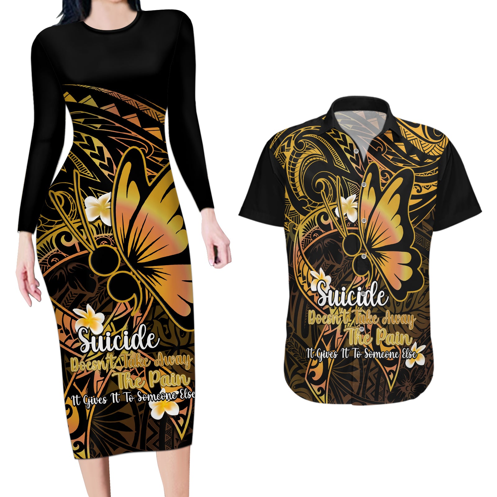 Polynesia Suicide Prevention Awareness Couples Matching Long Sleeve Bodycon Dress and Hawaiian Shirt Your Life Is Worth Living For Polynesian Gold Pattern LT14 Gold - Polynesian Pride