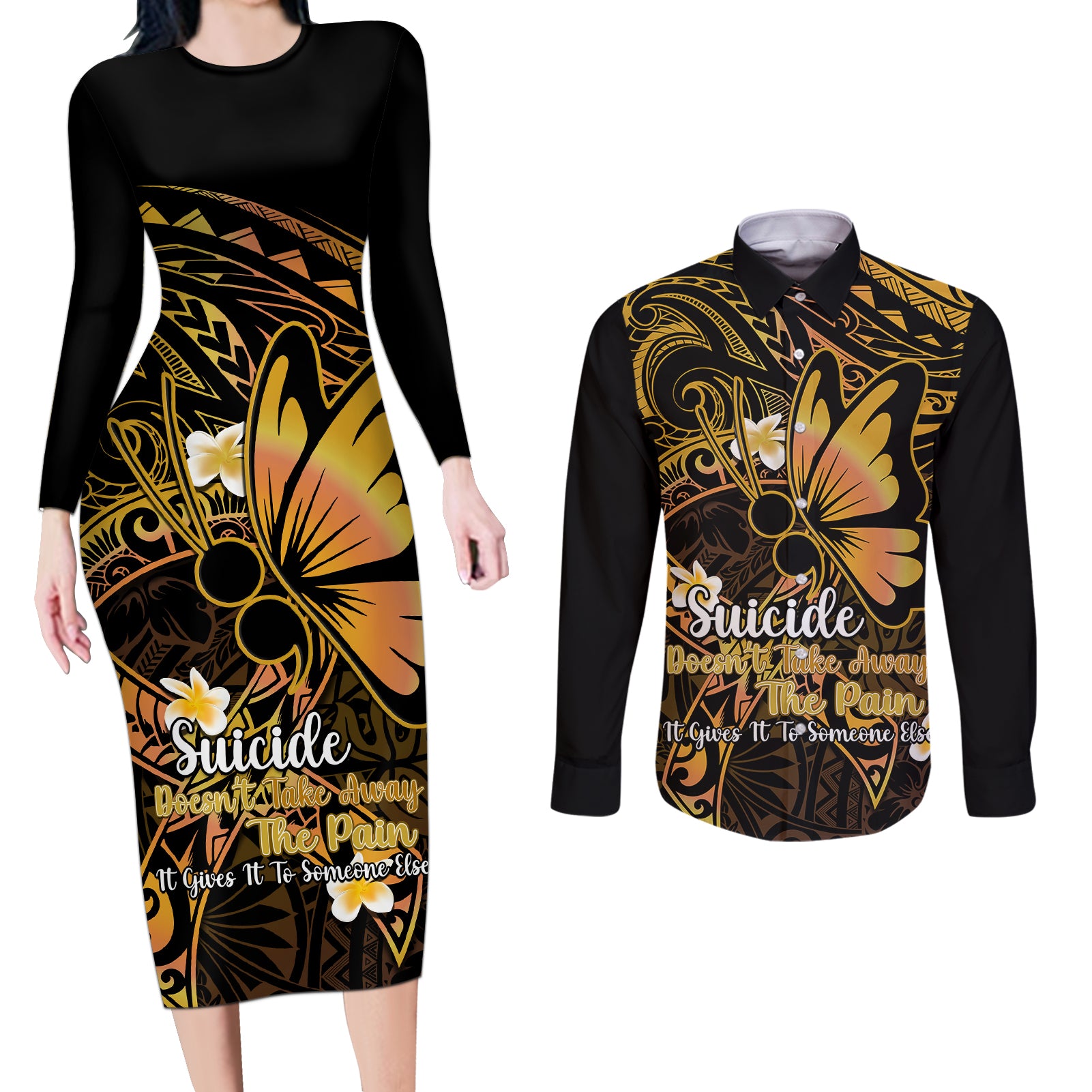 Polynesia Suicide Prevention Awareness Couples Matching Long Sleeve Bodycon Dress and Long Sleeve Button Shirts Your Life Is Worth Living For Polynesian Gold Pattern LT14 Gold - Polynesian Pride