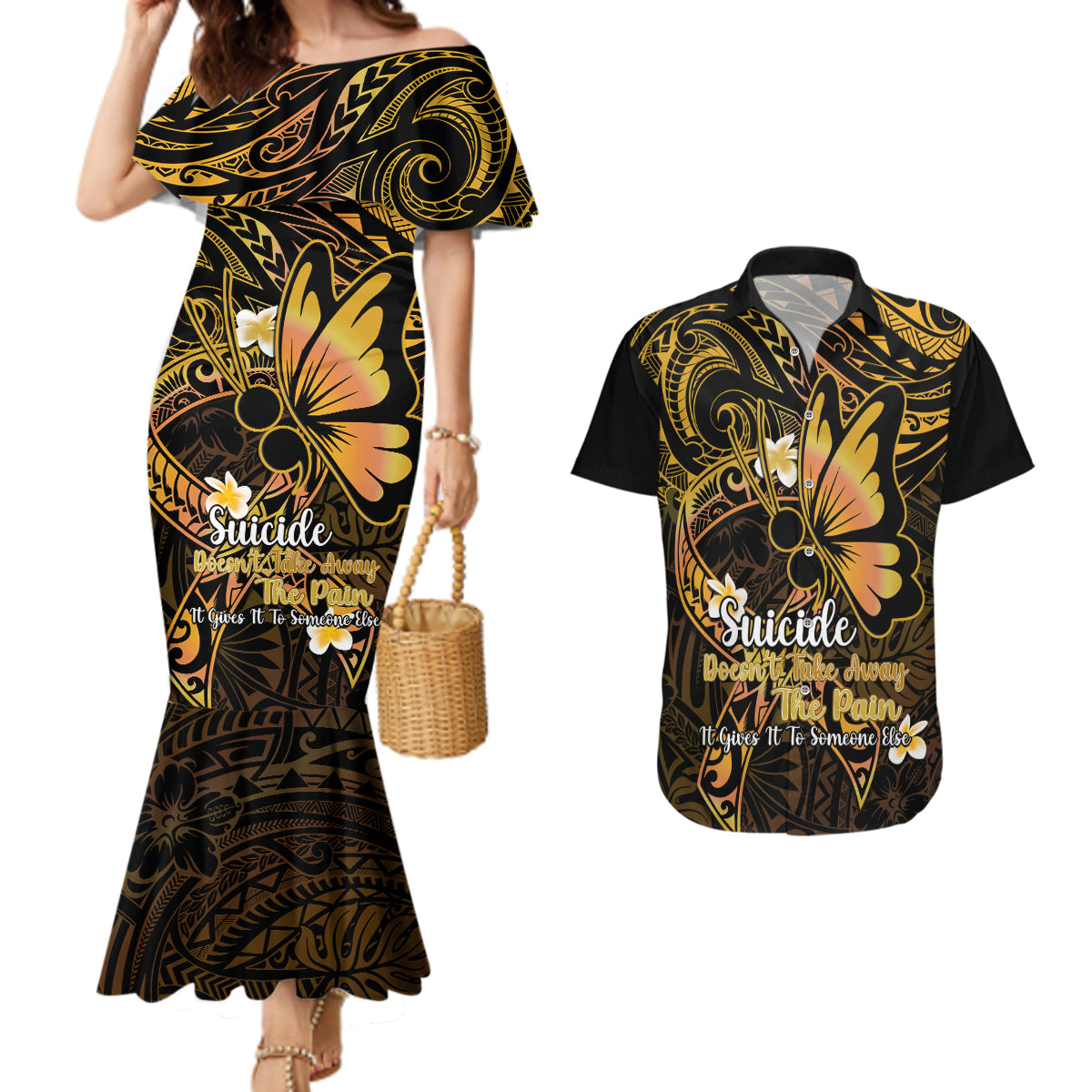 Polynesia Suicide Prevention Awareness Couples Matching Mermaid Dress and Hawaiian Shirt Your Life Is Worth Living For Polynesian Gold Pattern LT14 Gold - Polynesian Pride