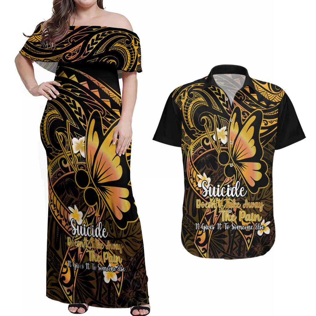 Polynesia Suicide Prevention Awareness Couples Matching Off Shoulder Maxi Dress and Hawaiian Shirt Your Life Is Worth Living For Polynesian Gold Pattern LT14 Gold - Polynesian Pride