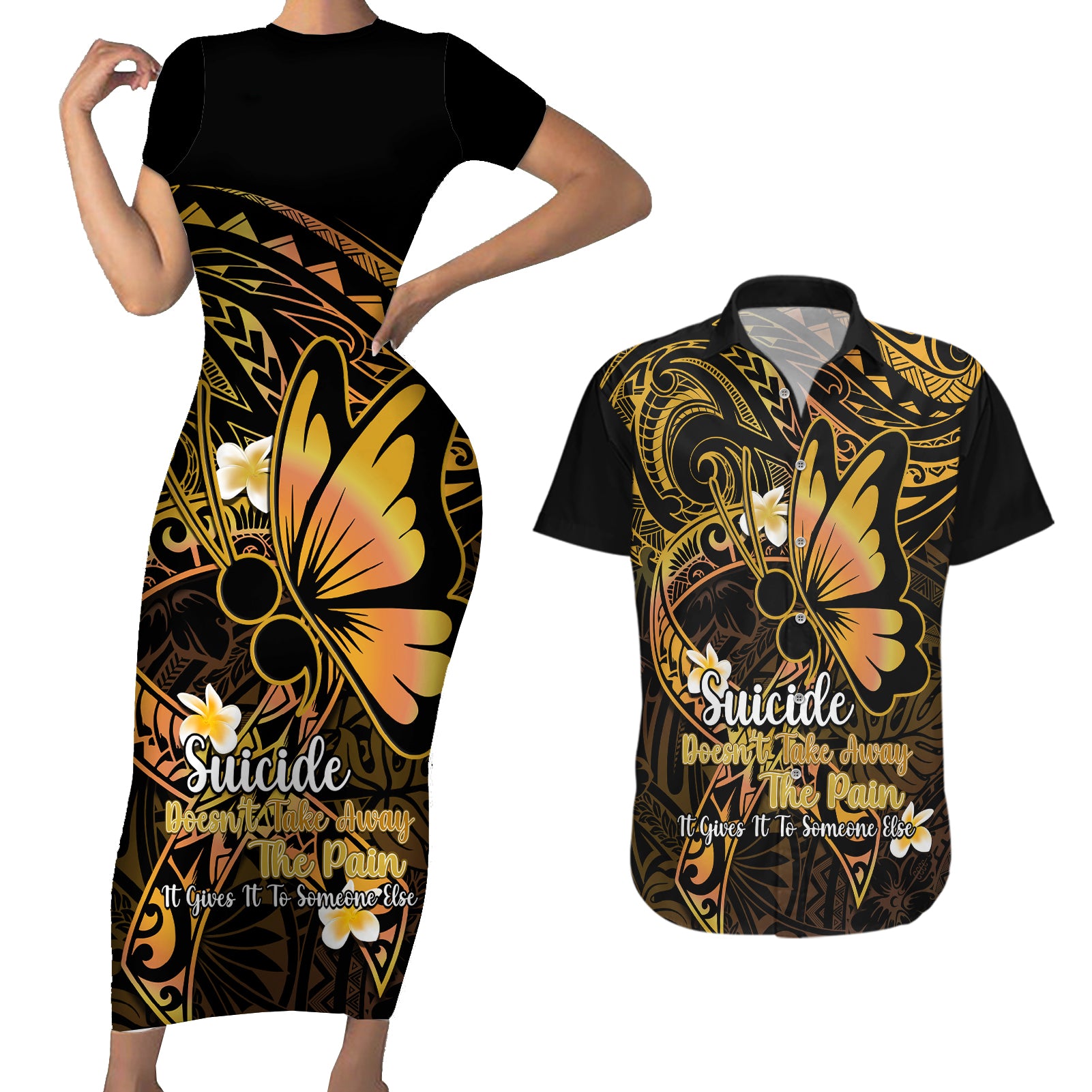 Polynesia Suicide Prevention Awareness Couples Matching Short Sleeve Bodycon Dress and Hawaiian Shirt Your Life Is Worth Living For Polynesian Gold Pattern LT14 Gold - Polynesian Pride