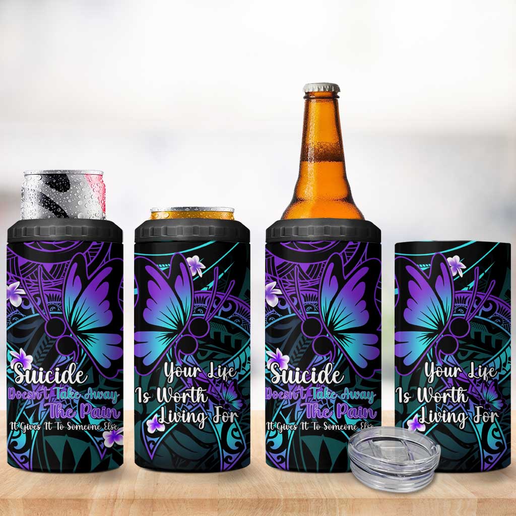 Polynesia Suicide Prevention Awareness 4 in 1 Can Cooler Tumbler Your Life Is Worth Living For Polynesian Purple Pattern