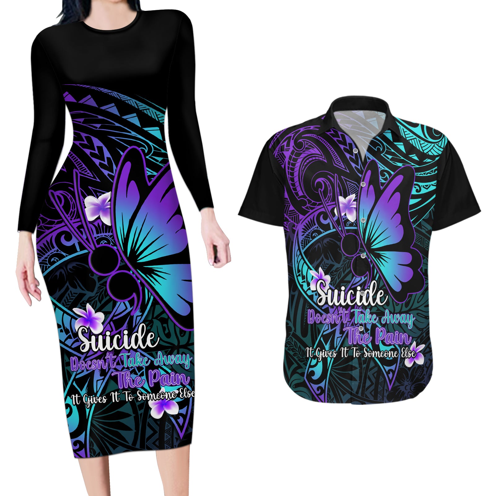 Polynesia Suicide Prevention Awareness Couples Matching Long Sleeve Bodycon Dress and Hawaiian Shirt Your Life Is Worth Living For Polynesian Purple Pattern LT14 Purple - Polynesian Pride