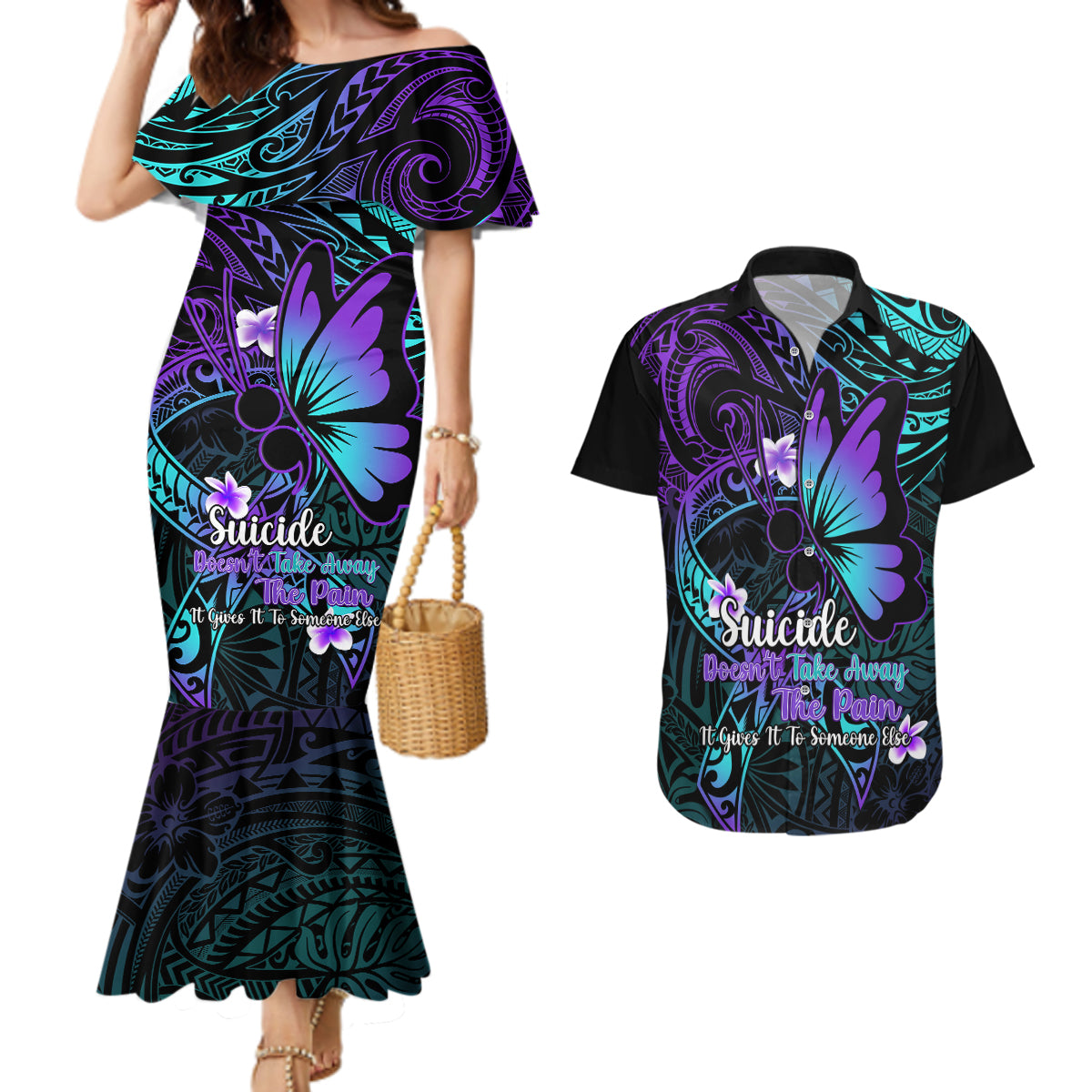 Polynesia Suicide Prevention Awareness Couples Matching Mermaid Dress and Hawaiian Shirt Your Life Is Worth Living For Polynesian Purple Pattern LT14 Purple - Polynesian Pride