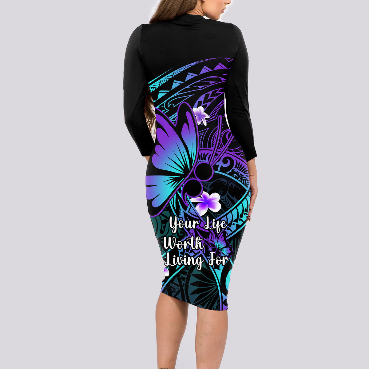 Polynesia Suicide Prevention Awareness Long Sleeve Bodycon Dress Your Life Is Worth Living For Polynesian Purple Pattern LT14 - Polynesian Pride