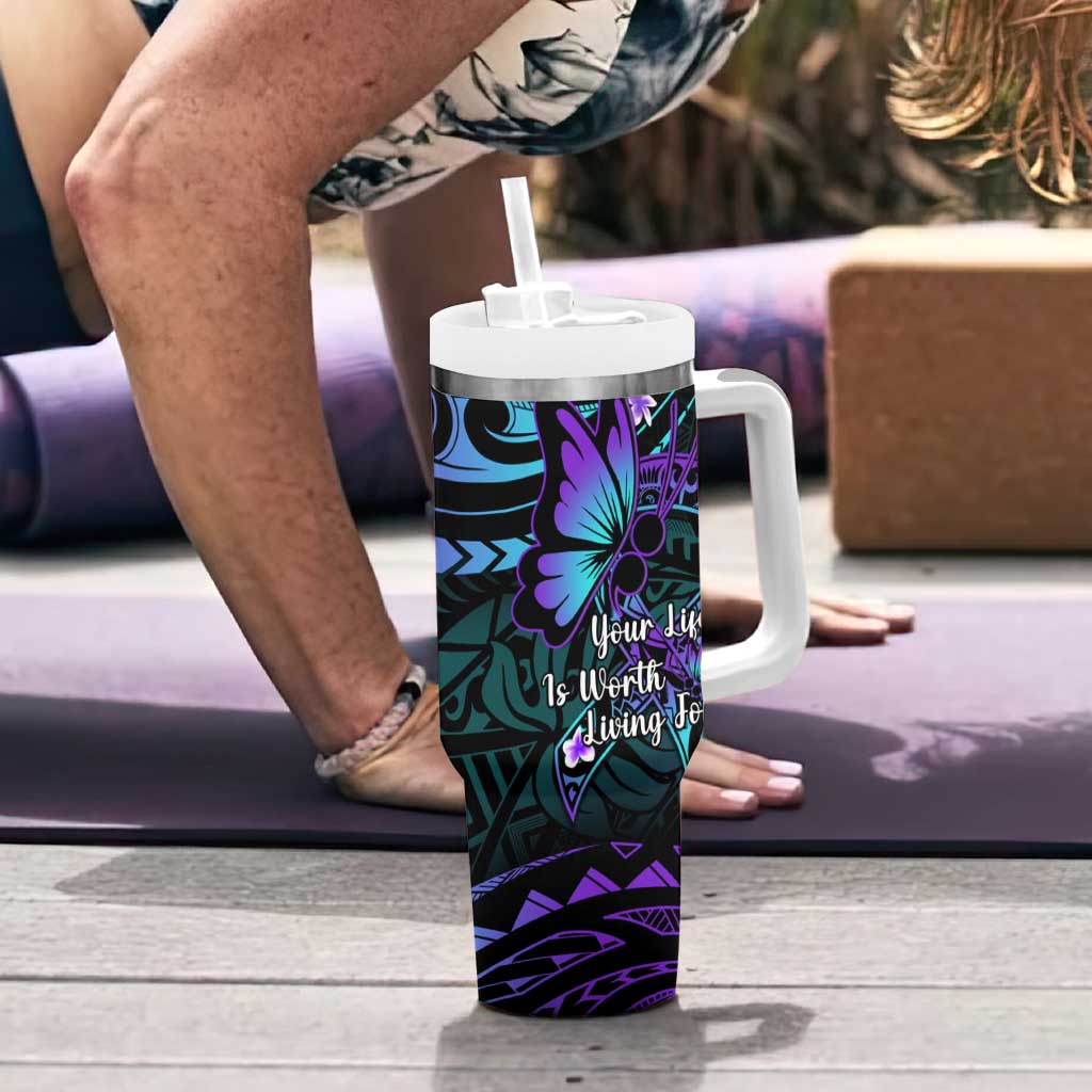 Polynesia Suicide Prevention Awareness Tumbler With Handle Your Life Is Worth Living For Polynesian Purple Pattern