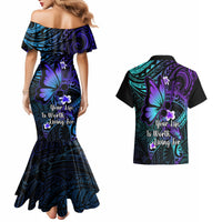 Polynesia Suicide Prevention Awareness Couples Matching Mermaid Dress and Hawaiian Shirt Your Life Is Worth Living For Polynesian Blue Pattern LT14 - Polynesian Pride