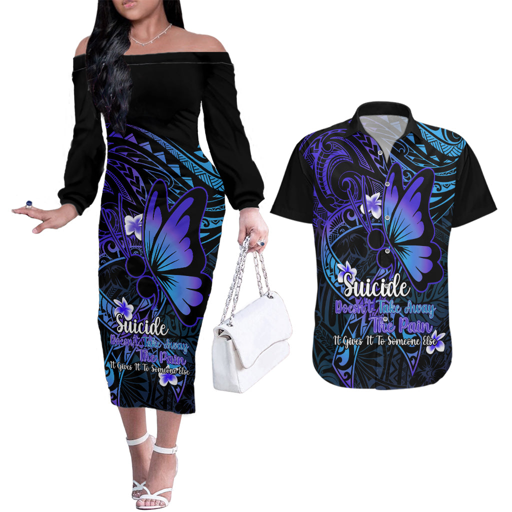 Polynesia Suicide Prevention Awareness Couples Matching Off The Shoulder Long Sleeve Dress and Hawaiian Shirt Your Life Is Worth Living For Polynesian Blue Pattern LT14 Blue - Polynesian Pride