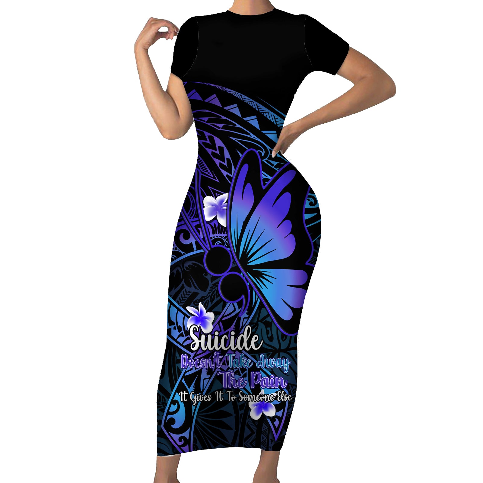 Polynesia Suicide Prevention Awareness Short Sleeve Bodycon Dress Your Life Is Worth Living For Polynesian Blue Pattern LT14 Long Dress Blue - Polynesian Pride