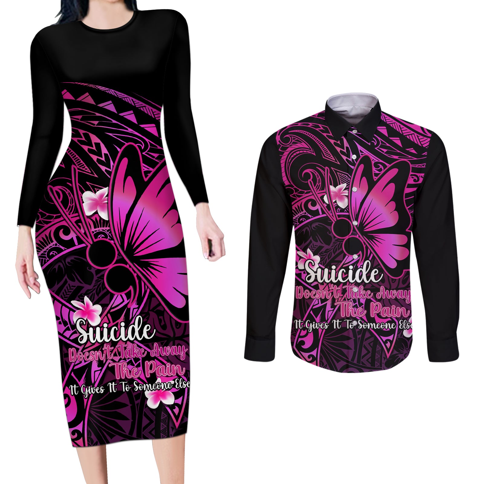 Polynesia Suicide Prevention Awareness Couples Matching Long Sleeve Bodycon Dress and Long Sleeve Button Shirts Your Life Is Worth Living For Polynesian Pink Pattern LT14 Pink - Polynesian Pride