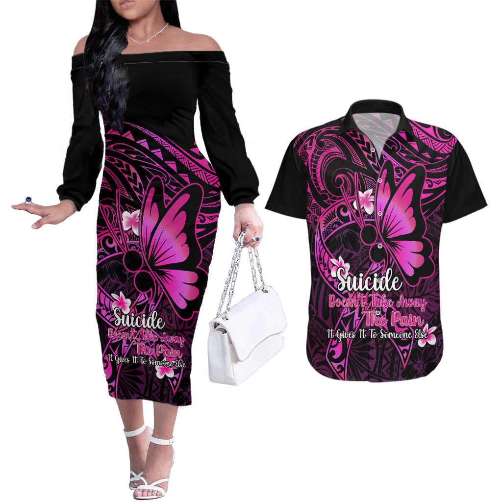 Polynesia Suicide Prevention Awareness Couples Matching Off The Shoulder Long Sleeve Dress and Hawaiian Shirt Your Life Is Worth Living For Polynesian Pink Pattern LT14 Pink - Polynesian Pride