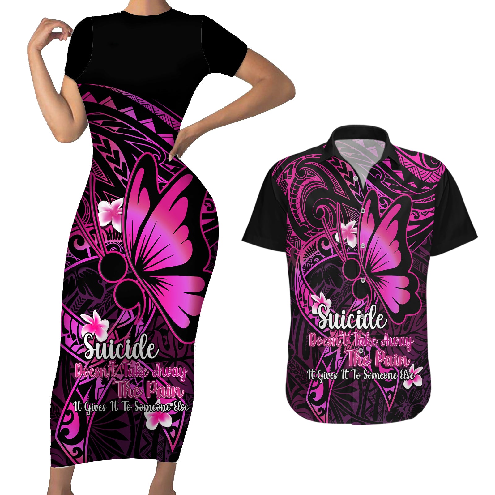 Polynesia Suicide Prevention Awareness Couples Matching Short Sleeve Bodycon Dress and Hawaiian Shirt Your Life Is Worth Living For Polynesian Pink Pattern LT14 Pink - Polynesian Pride