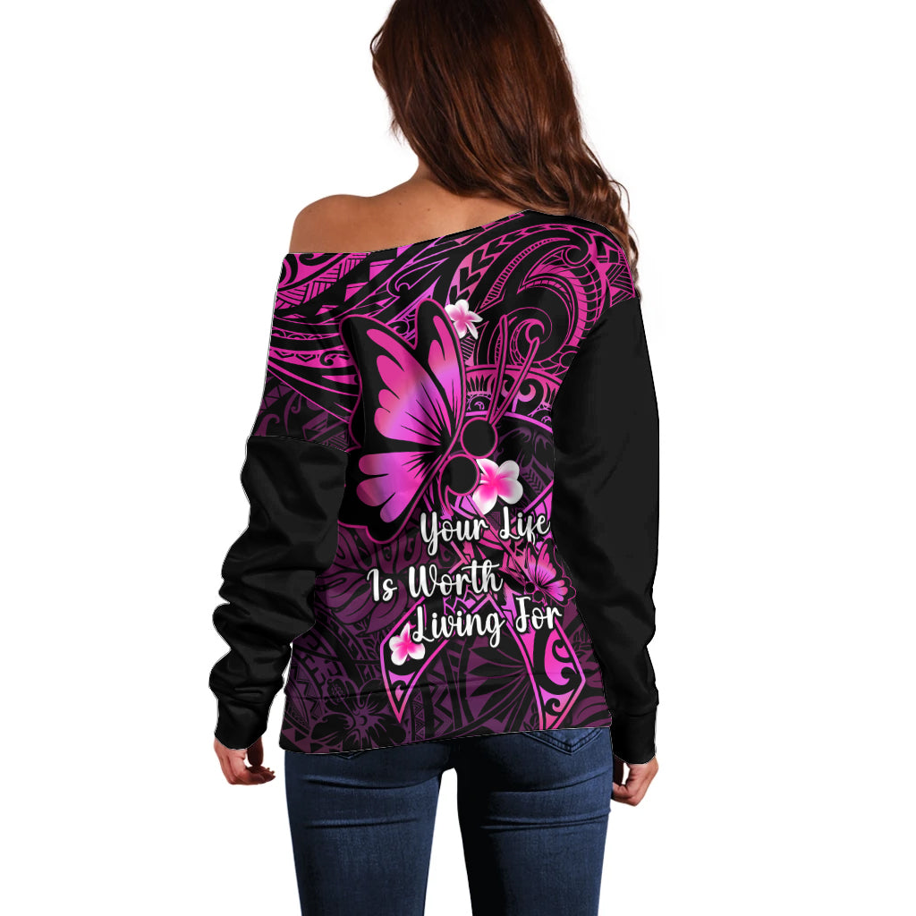 Polynesia Suicide Prevention Awareness Off Shoulder Sweater Your Life Is Worth Living For Polynesian Pink Pattern LT14 - Polynesian Pride