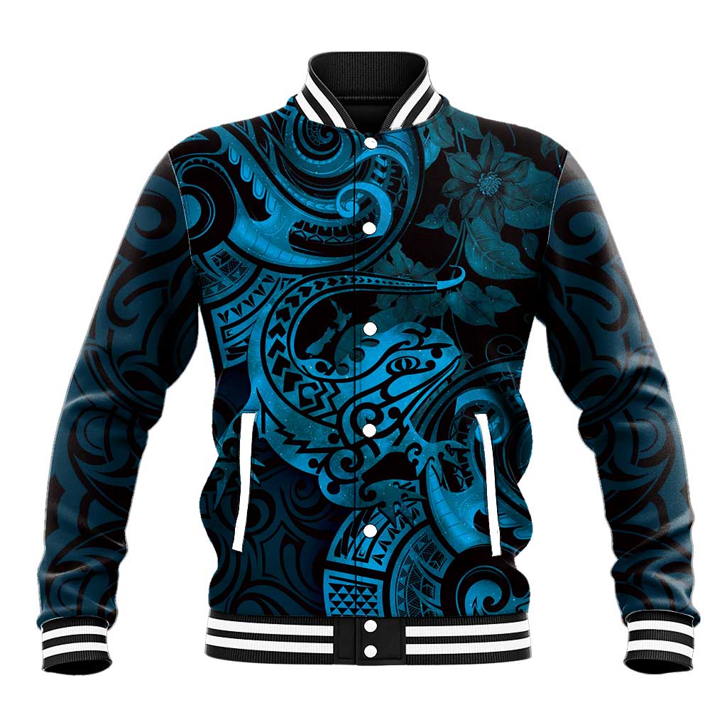 New Zealand Tuatara Baseball Jacket Aotearoa Maori Clematis Flowers - Blue LT14 Unisex Blue - Polynesian Pride