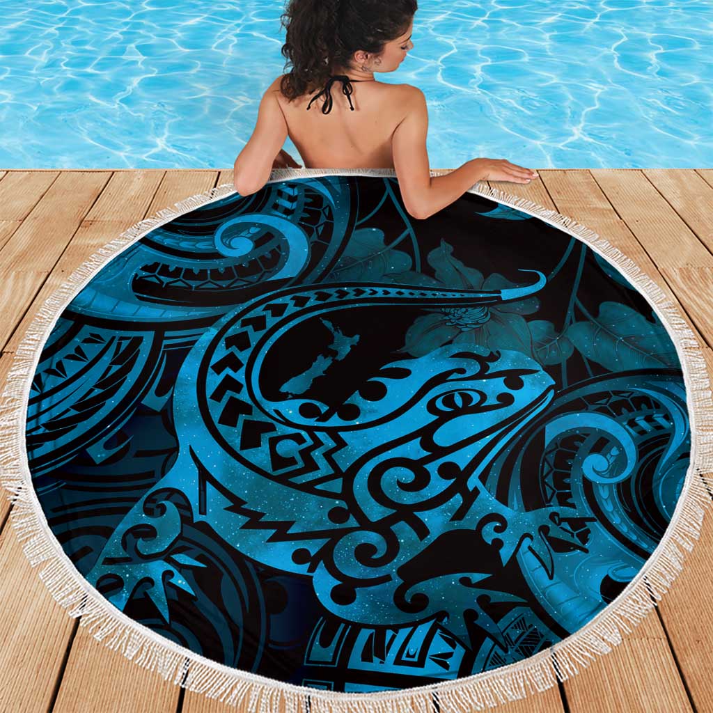 New Zealand Tuatara Beach Blanket Aotearoa Maori Clematis Flowers - Blue LT14 - Polynesian Pride