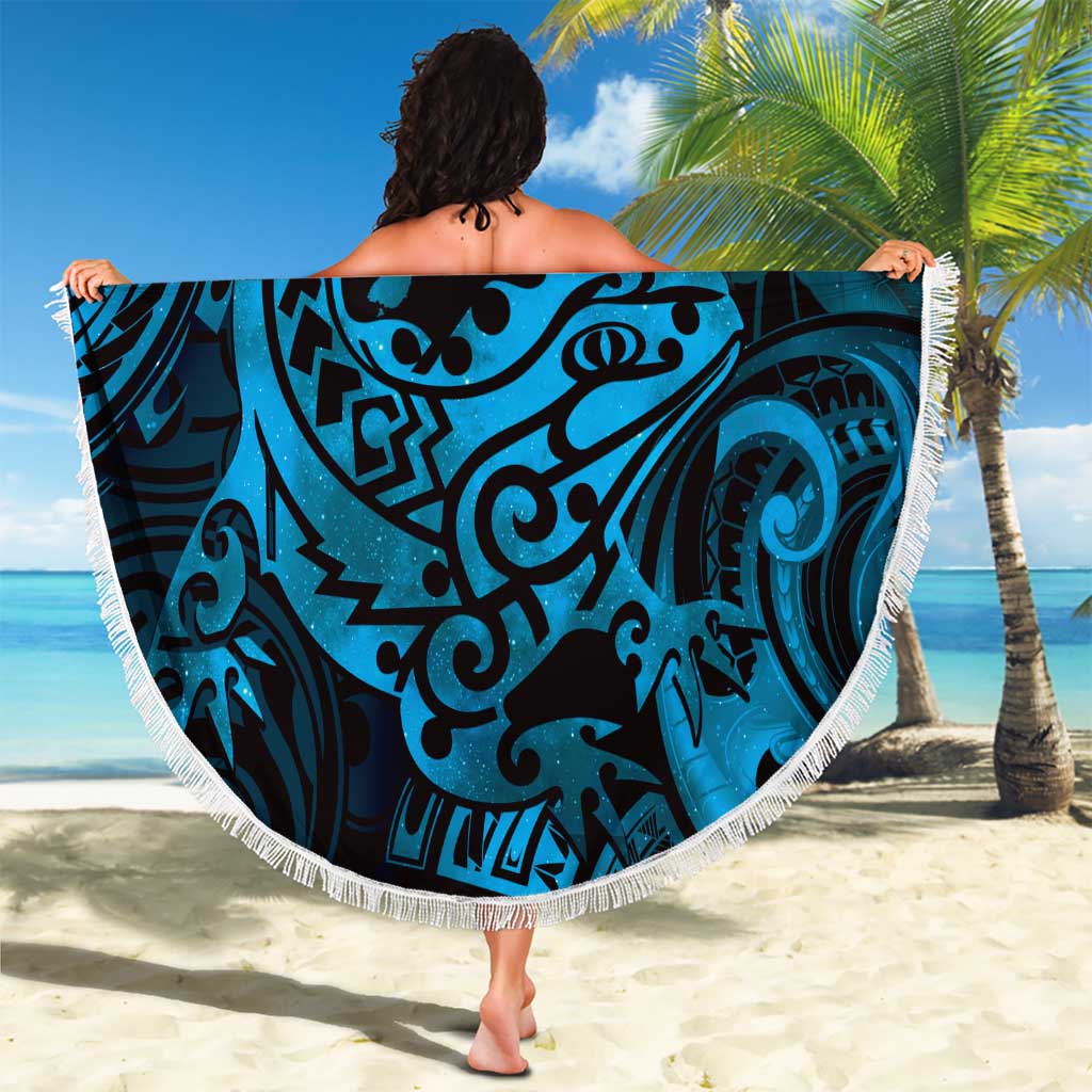 New Zealand Tuatara Beach Blanket Aotearoa Maori Clematis Flowers - Blue LT14 - Polynesian Pride