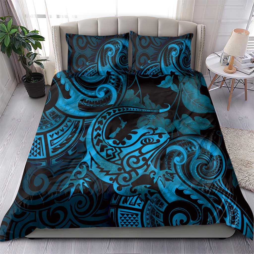 New Zealand Tuatara Bedding Set Aotearoa Maori Clematis Flowers - Blue