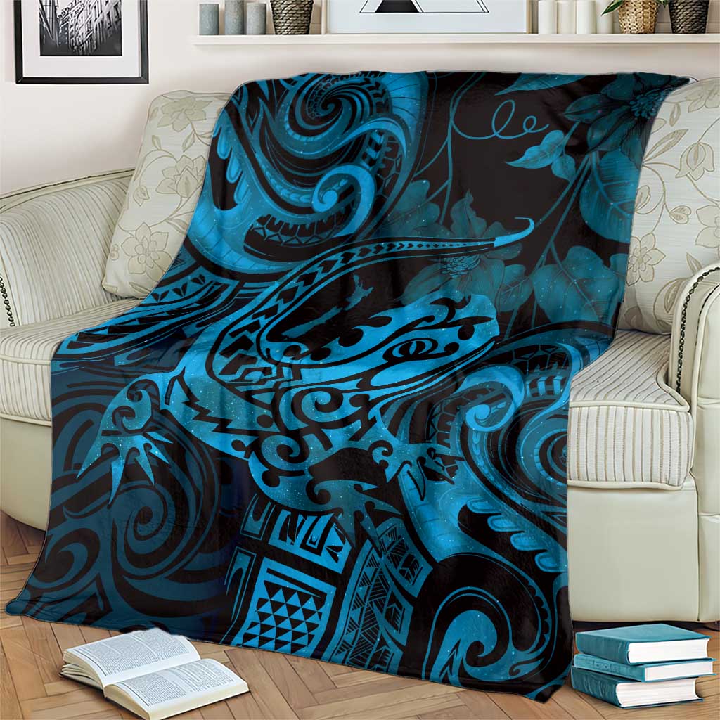 New Zealand Tuatara Blanket Aotearoa Maori Clematis Flowers - Blue LT14 - Polynesian Pride
