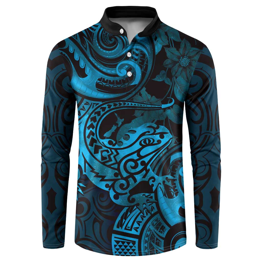 New Zealand Tuatara Button Sweatshirt Aotearoa Maori Clematis Flowers - Blue LT14 Blue - Polynesian Pride