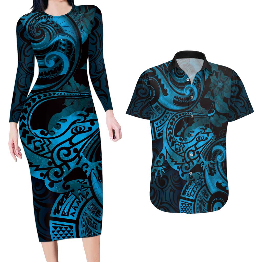 New Zealand Tuatara Couples Matching Long Sleeve Bodycon Dress and Hawaiian Shirt Aotearoa Maori Clematis Flowers - Blue LT14 Blue - Polynesian Pride