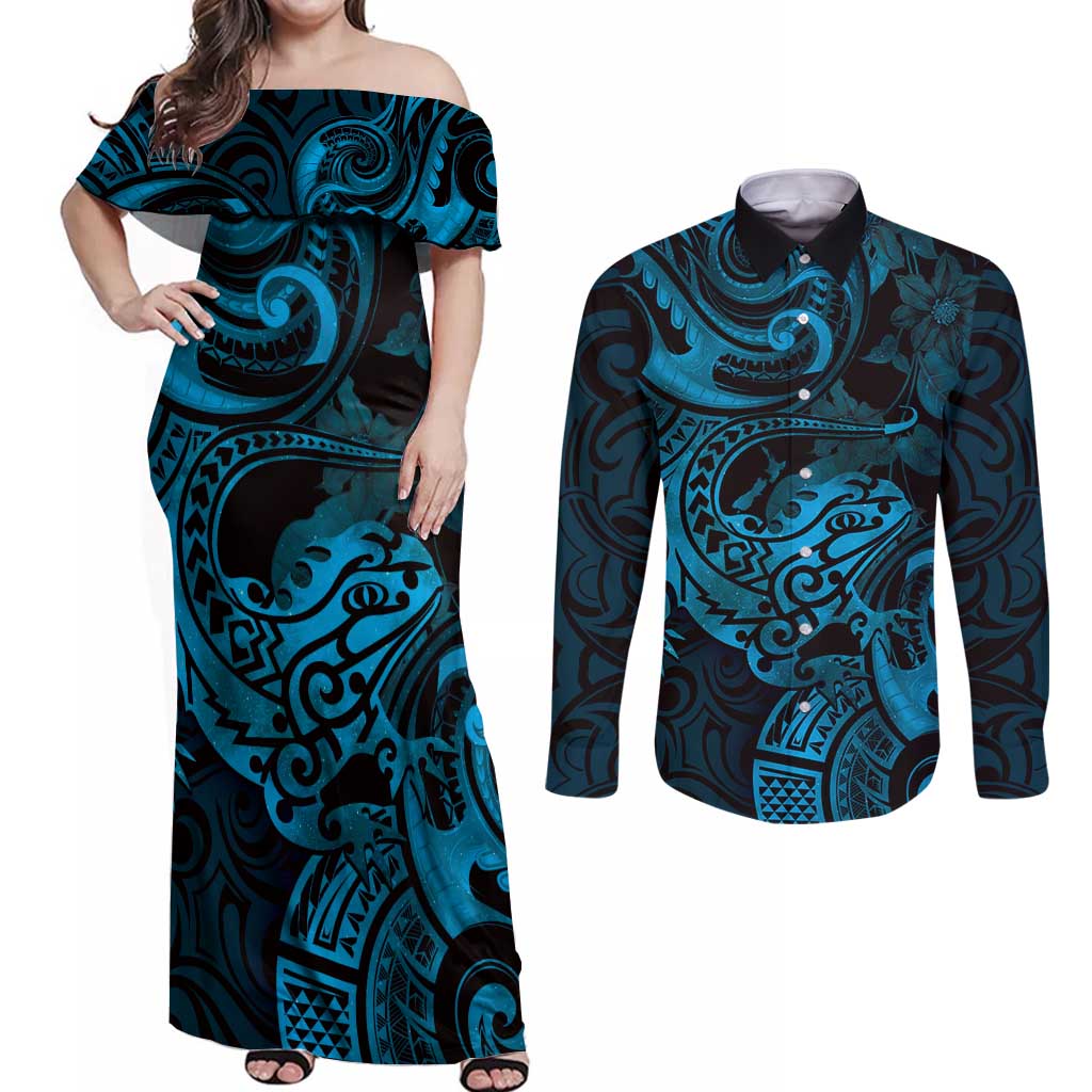 New Zealand Tuatara Couples Matching Off Shoulder Maxi Dress and Long Sleeve Button Shirt Aotearoa Maori Clematis Flowers - Blue