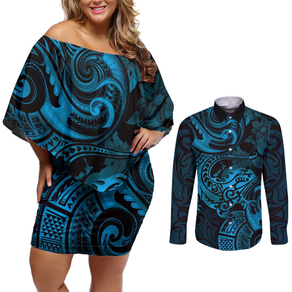 New Zealand Tuatara Couples Matching Off Shoulder Short Dress and Long Sleeve Button Shirt Aotearoa Maori Clematis Flowers - Blue