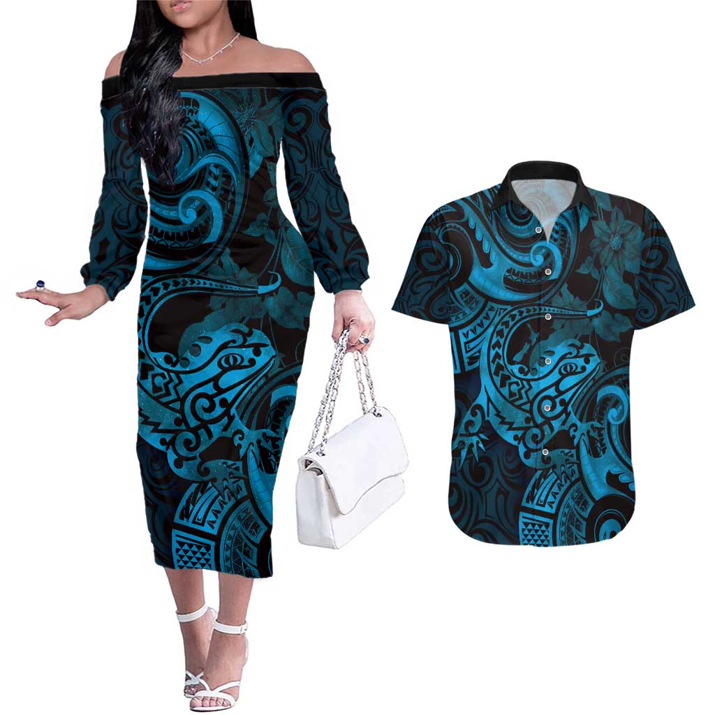 New Zealand Tuatara Couples Matching Off The Shoulder Long Sleeve Dress and Hawaiian Shirt Aotearoa Maori Clematis Flowers - Blue