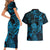 New Zealand Tuatara Couples Matching Short Sleeve Bodycon Dress and Hawaiian Shirt Aotearoa Maori Clematis Flowers - Blue