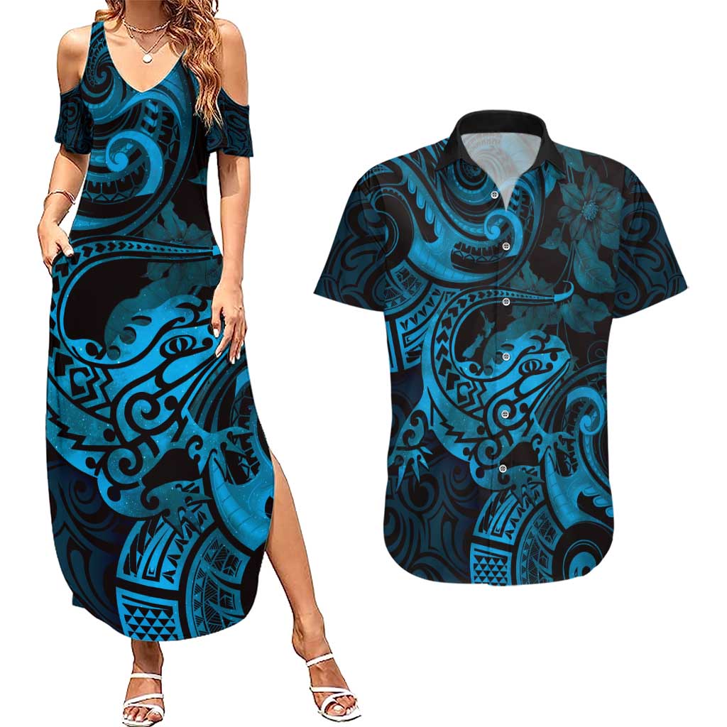 New Zealand Tuatara Couples Matching Summer Maxi Dress and Hawaiian Shirt Aotearoa Maori Clematis Flowers - Blue